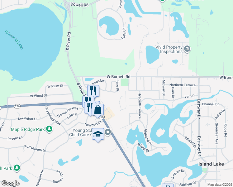 map of restaurants, bars, coffee shops, grocery stores, and more near 307 Newbury Drive in Island Lake
