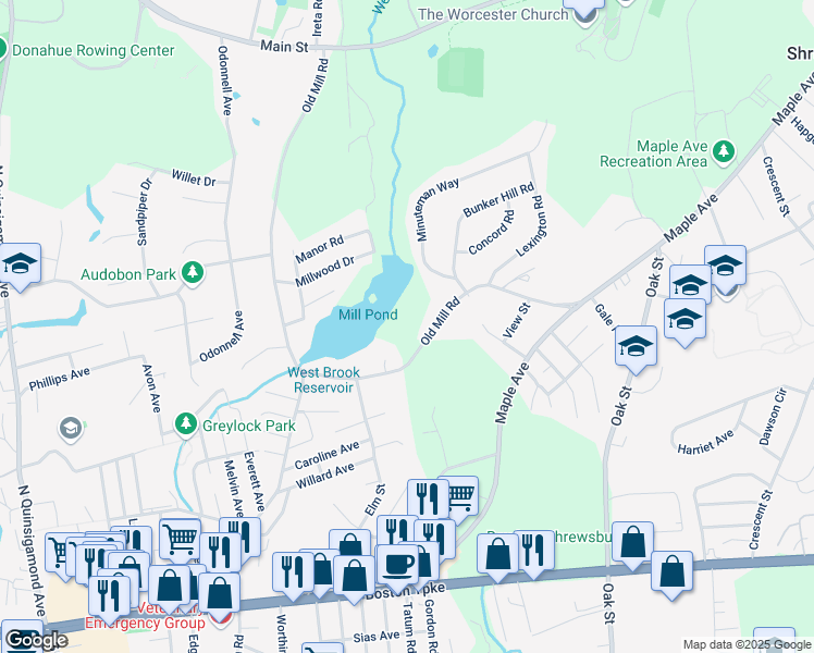 map of restaurants, bars, coffee shops, grocery stores, and more near 203 Old Mill Road in Shrewsbury