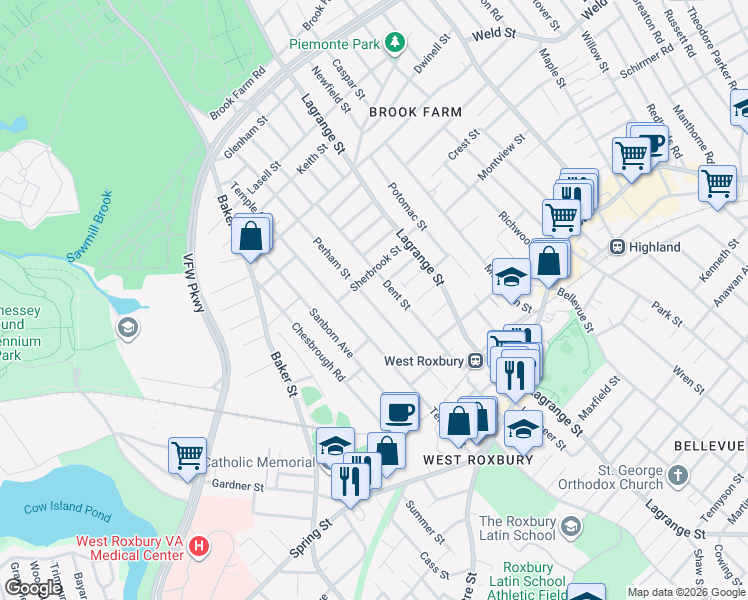 map of restaurants, bars, coffee shops, grocery stores, and more near 105 Perham Street in Boston