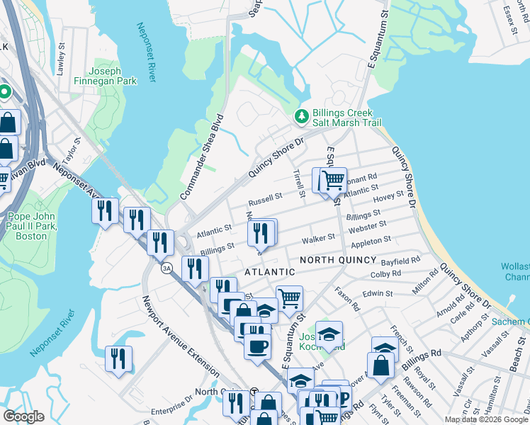 map of restaurants, bars, coffee shops, grocery stores, and more near 25 Russell Street in Quincy