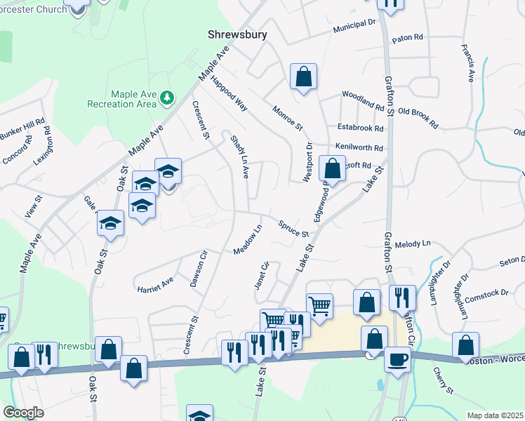 map of restaurants, bars, coffee shops, grocery stores, and more near 40 Spruce Street in Shrewsbury