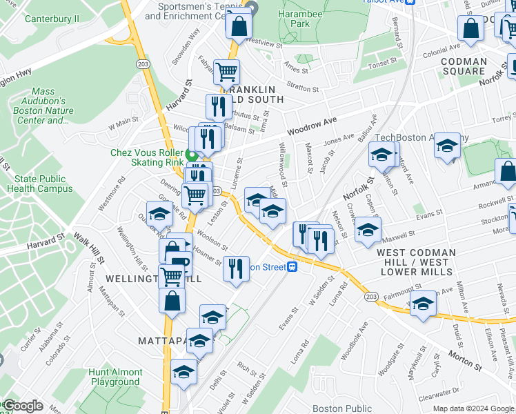 map of restaurants, bars, coffee shops, grocery stores, and more near 36 Wildwood Street in Boston