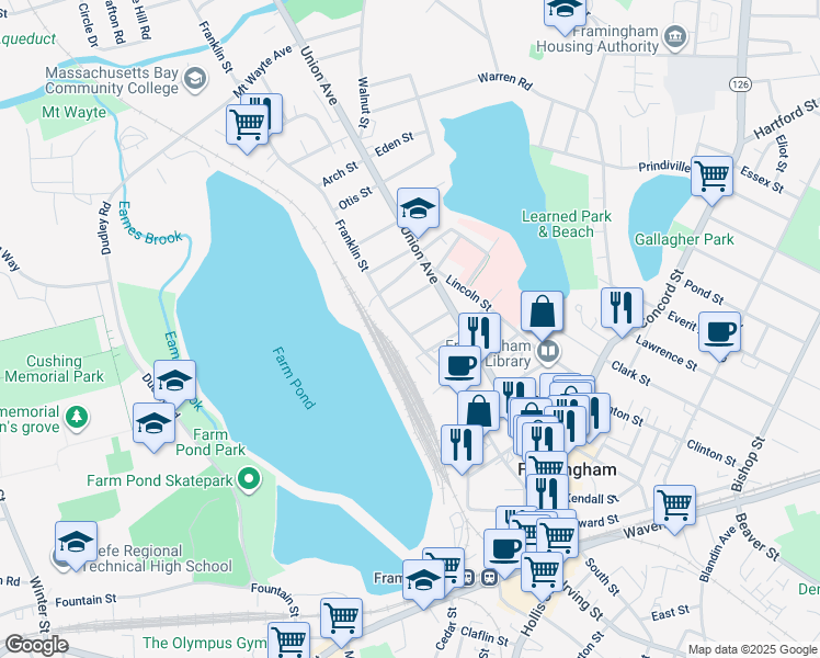 map of restaurants, bars, coffee shops, grocery stores, and more near 4 Brewster Road in Framingham