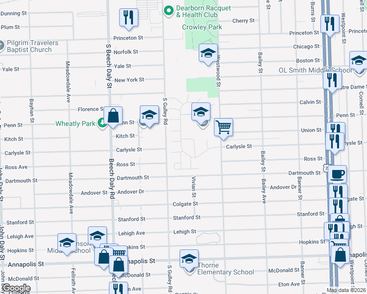 map of restaurants, bars, coffee shops, grocery stores, and more near 3768 Heritage Parkway in Dearborn