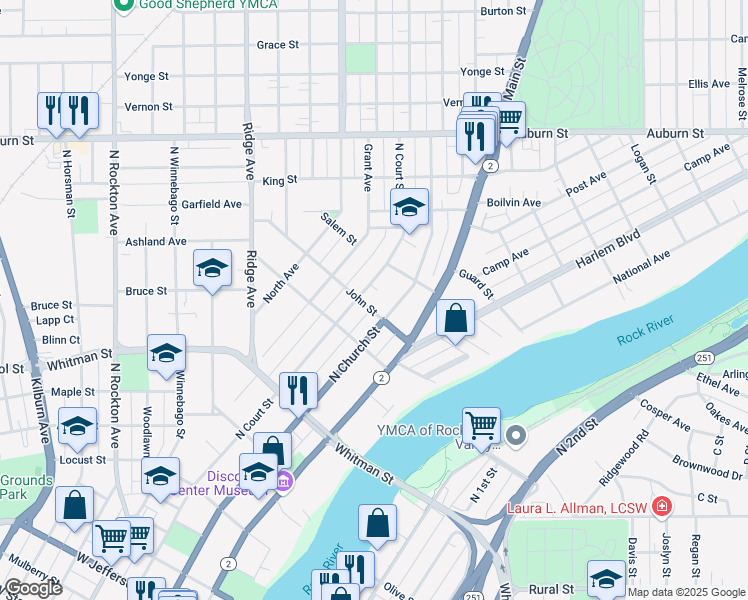 map of restaurants, bars, coffee shops, grocery stores, and more near 419 John Street in Rockford