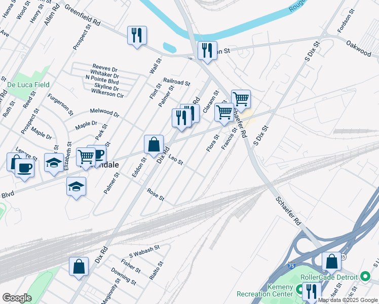 map of restaurants, bars, coffee shops, grocery stores, and more near 17289 Dora Street in Melvindale