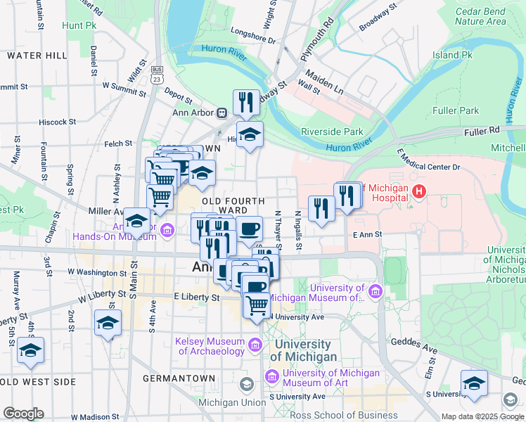 map of restaurants, bars, coffee shops, grocery stores, and more near 306 North State Street in Ann Arbor