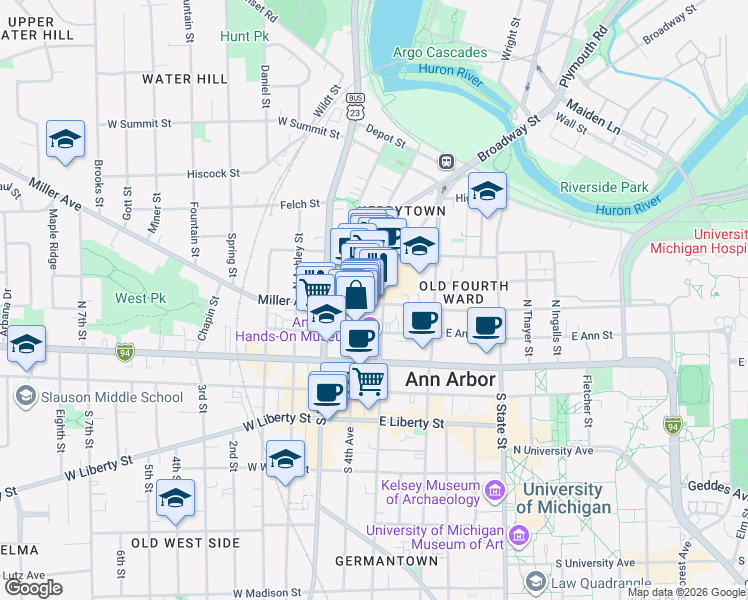 map of restaurants, bars, coffee shops, grocery stores, and more near 303 North 5th Avenue in Ann Arbor