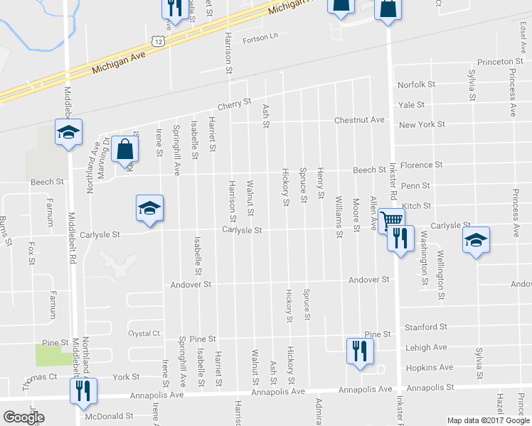 map of restaurants, bars, coffee shops, grocery stores, and more near 3630 Ash Street in Inkster