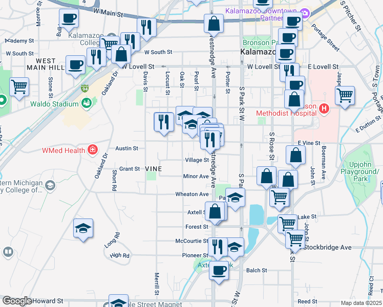 map of restaurants, bars, coffee shops, grocery stores, and more near 824 Vine Place in Kalamazoo