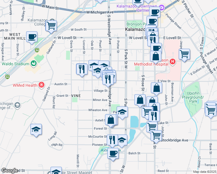 map of restaurants, bars, coffee shops, grocery stores, and more near 816 South Westnedge Avenue in Kalamazoo