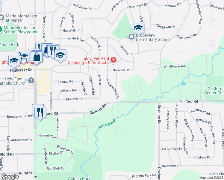 map of restaurants, bars, coffee shops, grocery stores, and more near 1331 Williamsburg Road in Rockford
