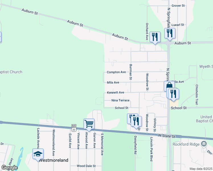 map of restaurants, bars, coffee shops, grocery stores, and more near 4432 Mila Avenue in Rockford