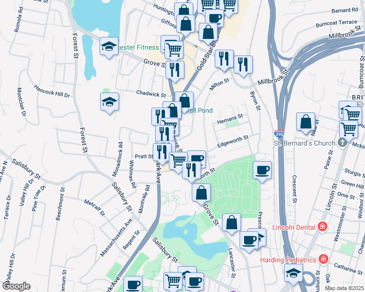map of restaurants, bars, coffee shops, grocery stores, and more near 300 Grove Street in Worcester