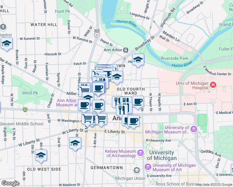 map of restaurants, bars, coffee shops, grocery stores, and more near 331 Catherine Street in Ann Arbor