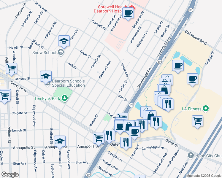 map of restaurants, bars, coffee shops, grocery stores, and more near 2666 Willow Street in Dearborn