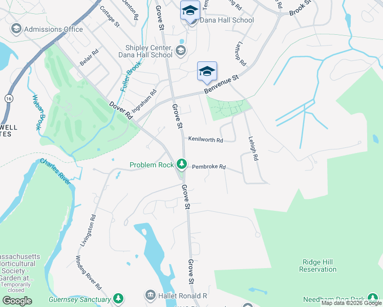 map of restaurants, bars, coffee shops, grocery stores, and more near 228 Grove Street in Wellesley