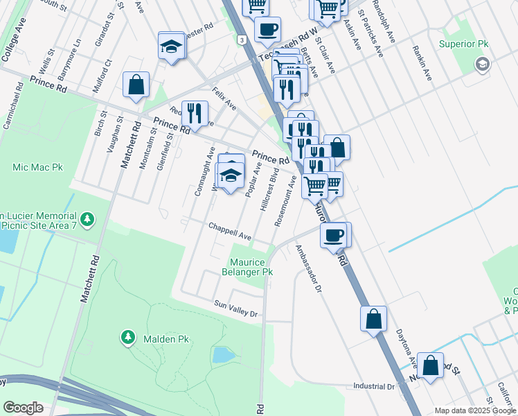 map of restaurants, bars, coffee shops, grocery stores, and more near 3822 Hillcrest Boulevard in Windsor