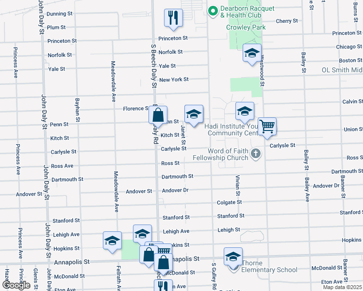 map of restaurants, bars, coffee shops, grocery stores, and more near 25610 Carlysle Street in Dearborn Heights