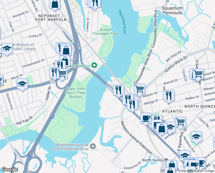 map of restaurants, bars, coffee shops, grocery stores, and more near 23 Hancock Street in Quincy