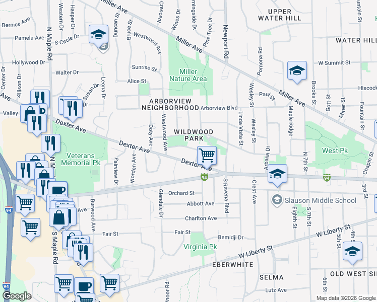 map of restaurants, bars, coffee shops, grocery stores, and more near 1709 Maryfield Drive in Ann Arbor