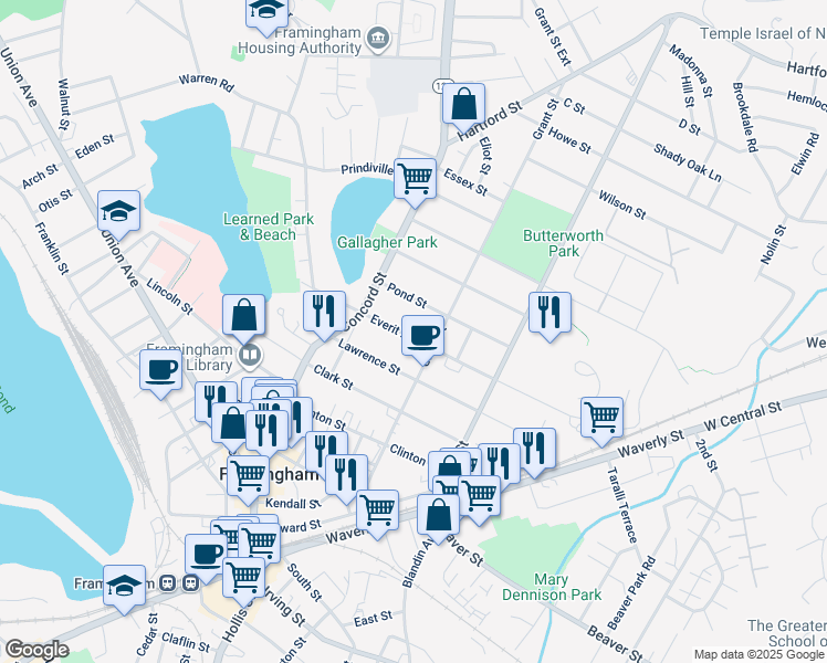 map of restaurants, bars, coffee shops, grocery stores, and more near 44 Everit Avenue in Framingham