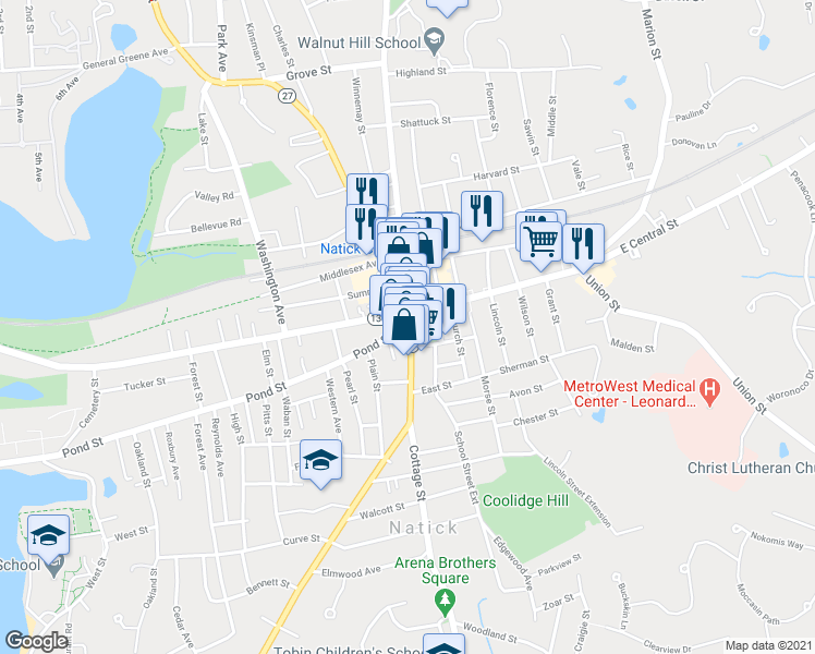 map of restaurants, bars, coffee shops, grocery stores, and more near 3 Pond Street in Natick