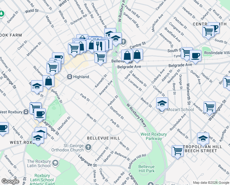 map of restaurants, bars, coffee shops, grocery stores, and more near 64 Clement Avenue in Boston