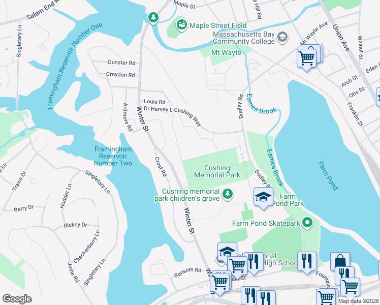 map of restaurants, bars, coffee shops, grocery stores, and more near 200 West Farm Pond Road in Framingham