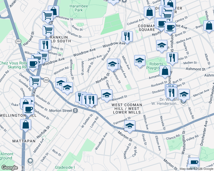 map of restaurants, bars, coffee shops, grocery stores, and more near 21 Capen Street in Boston