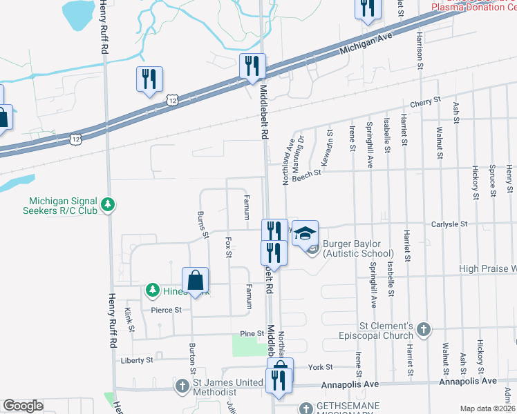 map of restaurants, bars, coffee shops, grocery stores, and more near 3674 Middlebelt Road in Inkster