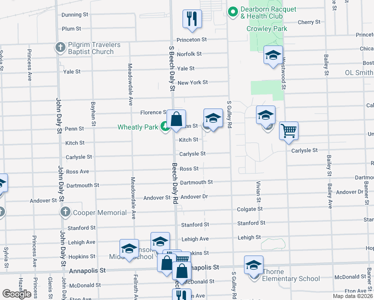 map of restaurants, bars, coffee shops, grocery stores, and more near 25714 Carlysle Street in Dearborn Heights
