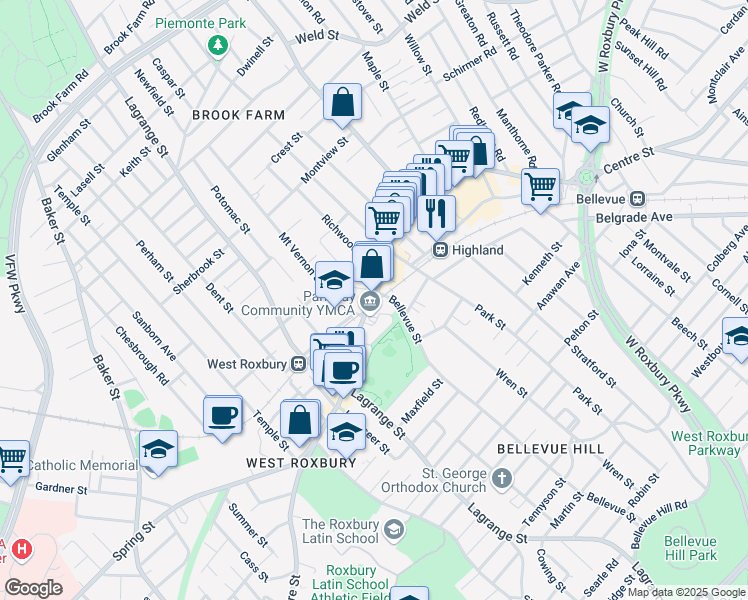map of restaurants, bars, coffee shops, grocery stores, and more near 1954 Centre Street in Boston