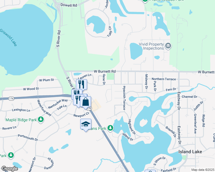 map of restaurants, bars, coffee shops, grocery stores, and more near 307 Newbury Drive in Island Lake