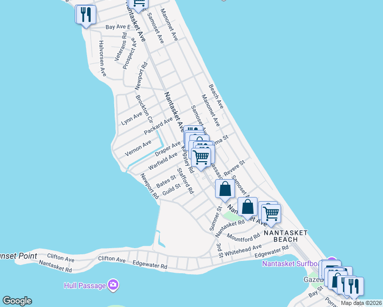 map of restaurants, bars, coffee shops, grocery stores, and more near 553 Nantasket Avenue in Hull