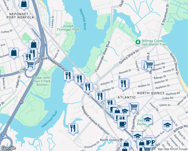 map of restaurants, bars, coffee shops, grocery stores, and more near 133 Commander Shea Boulevard in Quincy