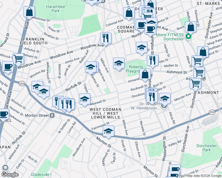map of restaurants, bars, coffee shops, grocery stores, and more near 88 Thetford Avenue in Boston