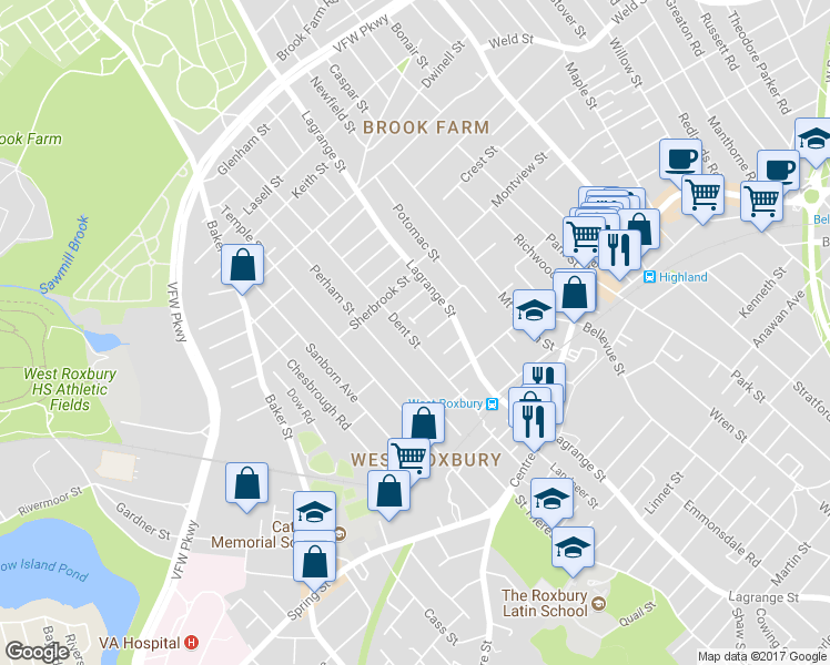 map of restaurants, bars, coffee shops, grocery stores, and more near 93-95 Dent Street in Boston