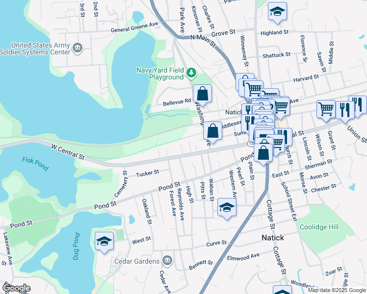 map of restaurants, bars, coffee shops, grocery stores, and more near 6 Parker Court in Natick