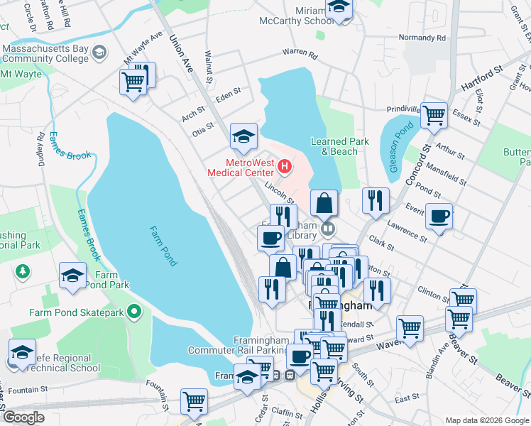 map of restaurants, bars, coffee shops, grocery stores, and more near 25 Brewster Road in Framingham
