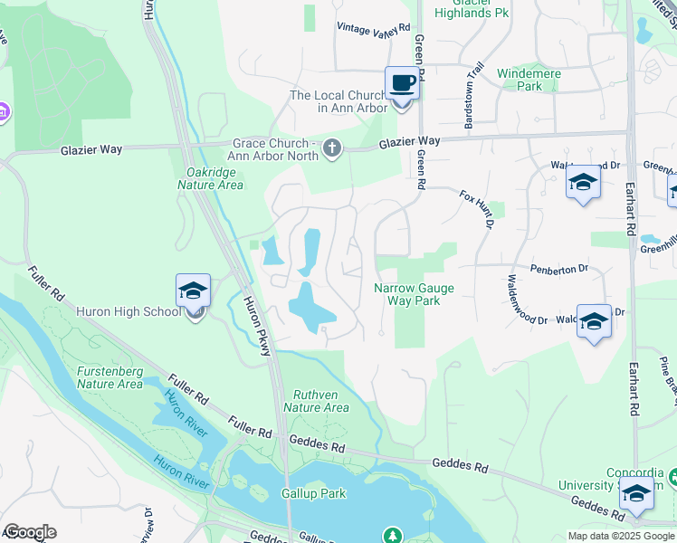 map of restaurants, bars, coffee shops, grocery stores, and more near 737 Watersedge Drive in Ann Arbor