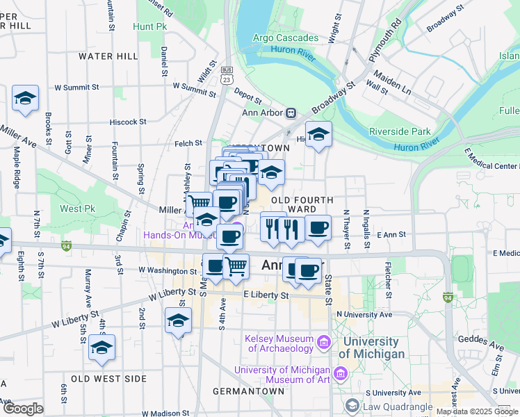 map of restaurants, bars, coffee shops, grocery stores, and more near 319 Catherine Street in Ann Arbor