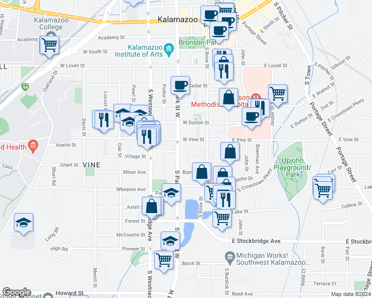 map of restaurants, bars, coffee shops, grocery stores, and more near 817 South Park Street in Kalamazoo