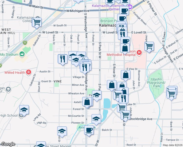 map of restaurants, bars, coffee shops, grocery stores, and more near 432 Ranney Street in Kalamazoo