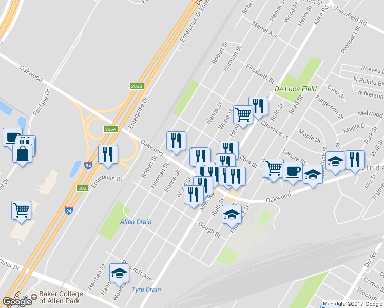 map of restaurants, bars, coffee shops, grocery stores, and more near 18300 Hanna Street in Melvindale