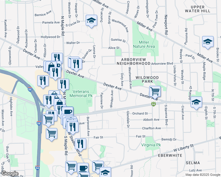 map of restaurants, bars, coffee shops, grocery stores, and more near 2101 Dexter Avenue in Ann Arbor