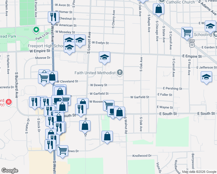 map of restaurants, bars, coffee shops, grocery stores, and more near 415 West Dewey Street in Freeport