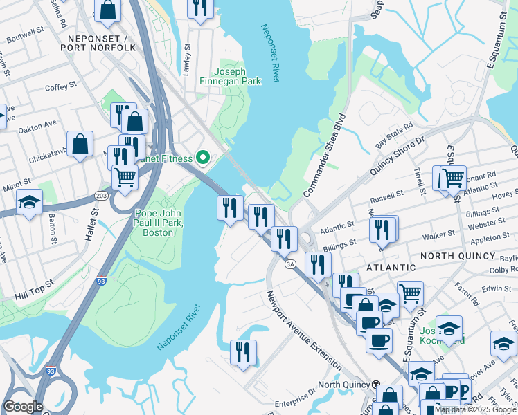 map of restaurants, bars, coffee shops, grocery stores, and more near 2 Quincy Shore Drive in Quincy