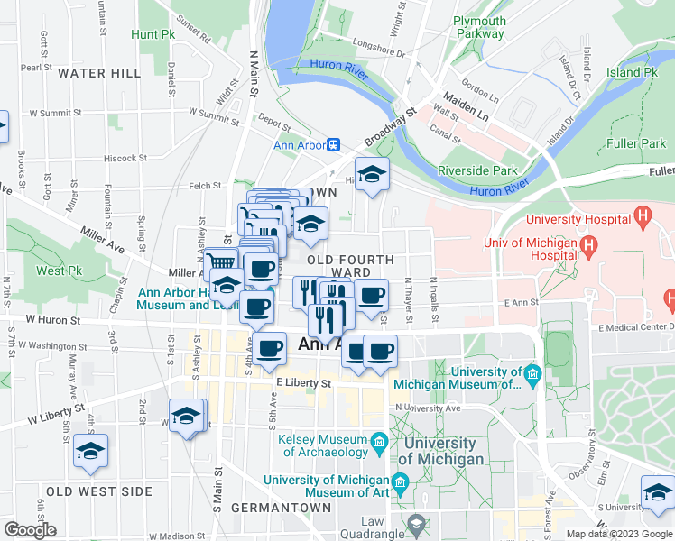 map of restaurants, bars, coffee shops, grocery stores, and more near 306 North Division Street in Ann Arbor