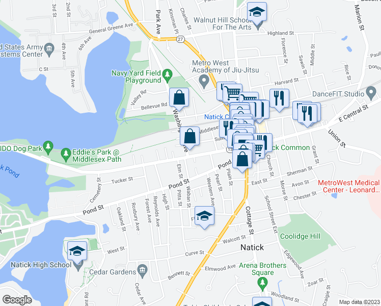 map of restaurants, bars, coffee shops, grocery stores, and more near 45 West Central Street in Natick